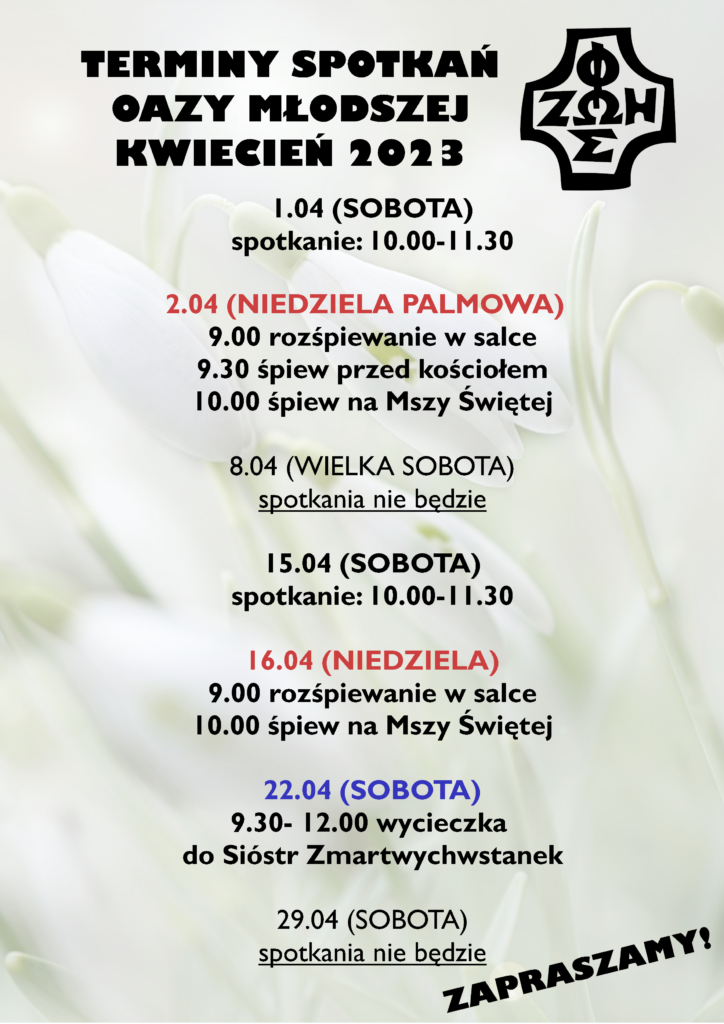 OAZA MŁODSZA – TERMINY SPOTKAŃ
